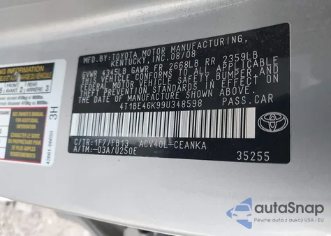 2009 Toyota Camry Se/Le/Xle из США, поврежденный, VIN 4T1BE46K99U348598
